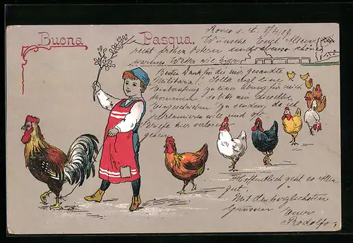 AK Junge mit Hühnern und Osterküken
