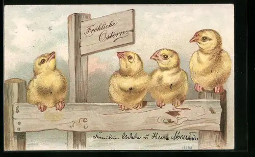AK Osterküken sitzen auf dem Zaun