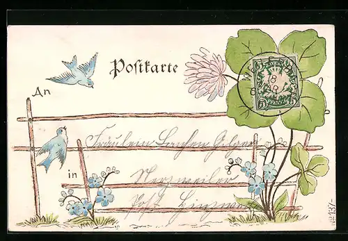 AK Kleeblatt mit Schwalben und Vergissmeinnicht