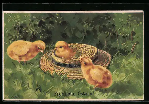 AK Strohhut mit Osterküken