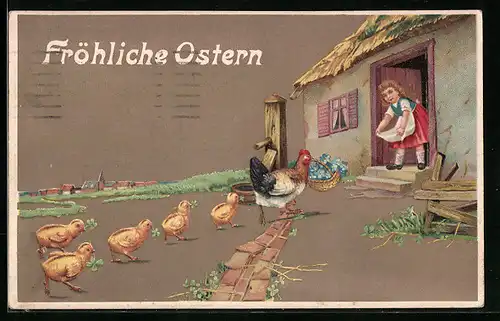 AK Mädchen holt Osterküken ins Haus