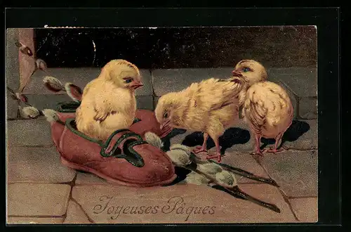 AK Osterküken mit Schuh und Palmkätzchenzweigen