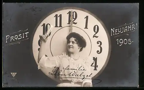 AK Prosit Neujahr, Uhr zu Mitternacht, Jahreszahl 1905