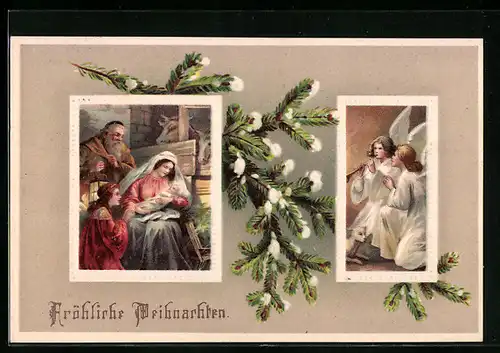 AK Weihnachtsengel an der Krippe, Verschneiter Tannenzweig