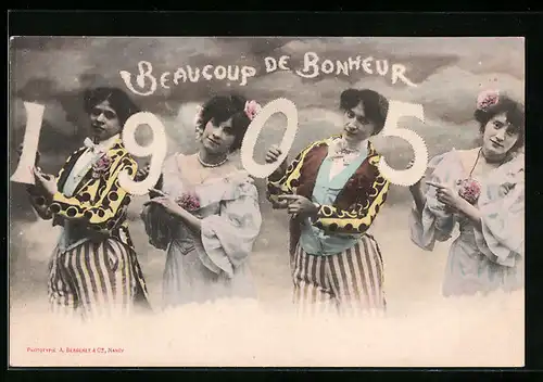 AK Beaucoup de Bonheur 1905, junge Damen mit Jahreszahl