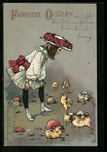 AK Mädchen beobachtet schlüpfende Osterküken