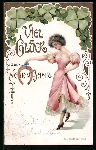 AK Dame mit Kleeblättern und Hufeisen zu Neujahr