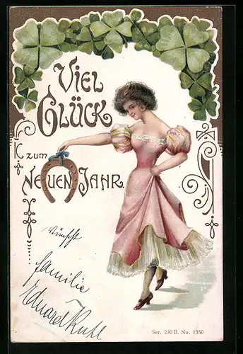 Künstler-AK Neujahrsgruss, Tänzerin in rosa Kleid, Kleeblätter