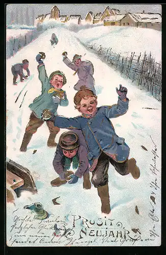 AK Kinder bei der Schneeballschlacht zum Neujahr