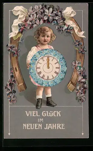 AK Mädchen mit Hufeisen, Uhr zu Mitternacht