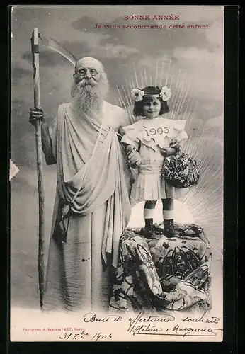 AK Mädchen mit Jahreszahl 1905 neben Kronos