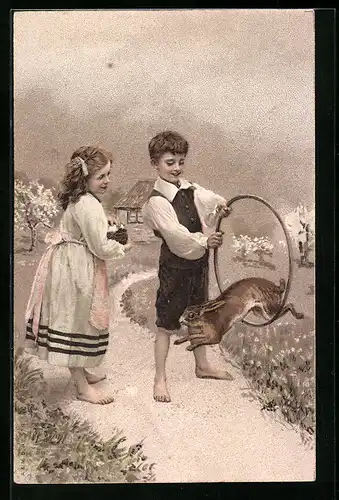 AK Osterhase springt durch einen Reifen