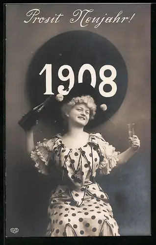 AK Dame im gepunkteten Kleid mit Jahreszahl 1908