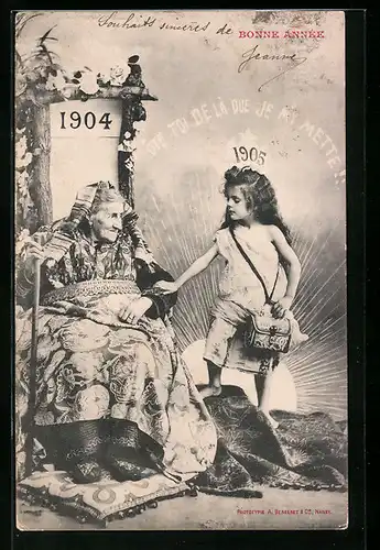 AK Alte Frau mit Stock und kleinem Mädchen, Neujahrsgruss, Jahreszahlen 1904-1905