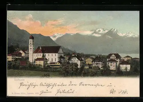 AK Sachseln, Ortspanorama vor Bergkette