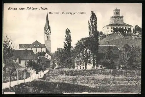 AK Uster, Ortspartie mit Kirche und Schloss Uster