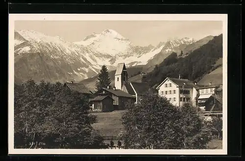 AK Elm, Ortspartie mit Kirche und Bergblick