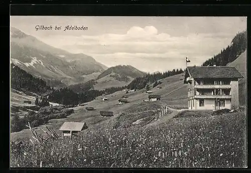 AK Gilbach bei Adelboden, Häuser vor Bergkulisse