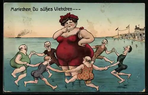 AK Männer tanzen um dickes Mariechen im seichten Meereswasser, Karikatur