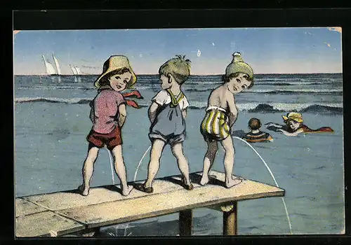 AK Drei Kinder am Meer urinieren ins Wasser