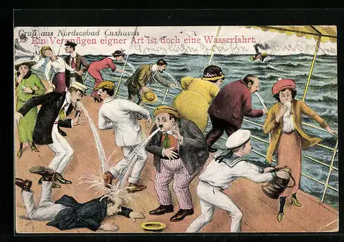 AK Cuxhaven, Sich übergebende Passagiere an Deck eines Schiffes