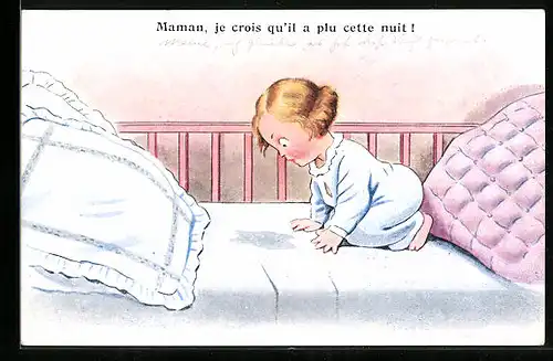 AK Kleines Mädchen entdeckt Urinfleck im Bett