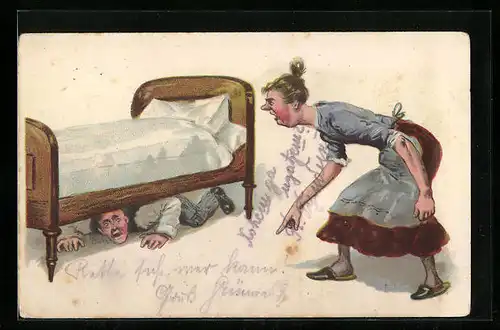 AK Ehemann versteckt sich vor der schimpfenden Ehefrau unter dem Bett