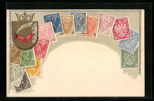 Präge-AK Briefmarken und Wappen Bosnien-Herzegowina