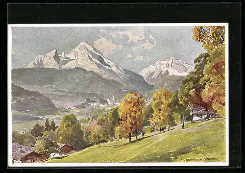 Künstler-AK Edward Harrison Compton: Berchtesgaden, Ortsansicht mit Watzmann und Hochkalter