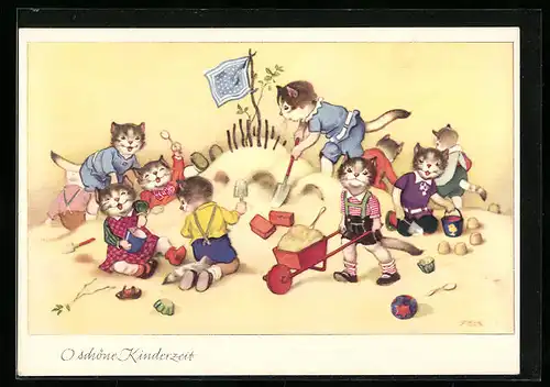 Künstler-AK Fritz Baumgarten: Katzenkinder beim Spiel im Sandkasten