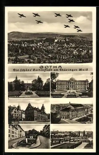 AK Gotha, Gesamtansicht mit Flugzeugen, Rathaus, Landestheater