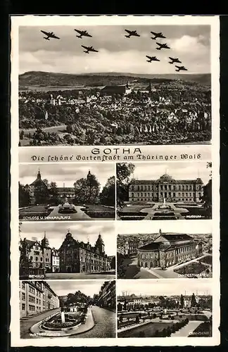 AK Gotha, Gesamtansicht mit Flugzeugen, Rathaus, Museum
