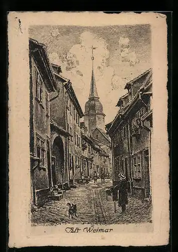 Künstler-AK Weimar, Strassenpartie mit Kirche, Alt-Weimar