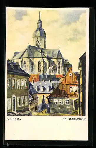 Künstler-AK Annaberg, Ortspartie mit St. Annenkirche