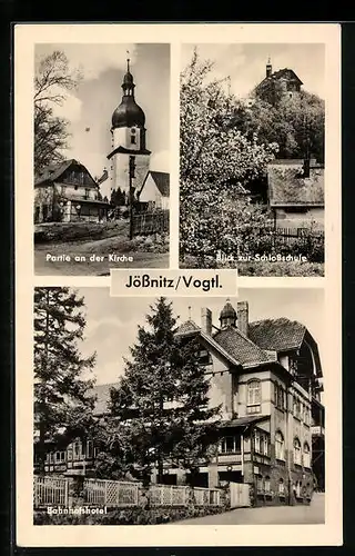 AK Jössnitz i. V., Bahnhofshotel, Partie an der Kirche, Schlossschule