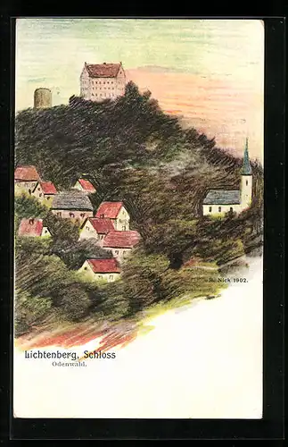 Künstler-AK Lichtenberg, Ortsansicht mit Odenwald und Schloss
