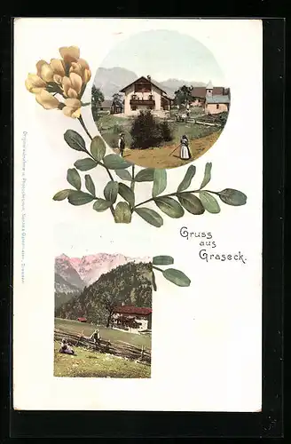 AK Graseck, Ortspartie mit Häusern und Bergen