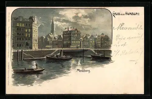 Lithographie Hamburg, Messberg mit Häusern