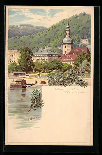 Lithographie Schandau a./Elbe, Flusspartie mit Häusern