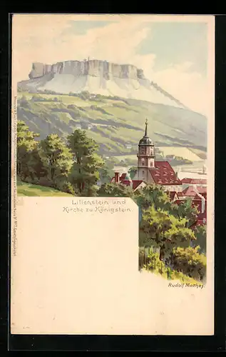 Lithographie Königstein, Lilienstein und Kirche