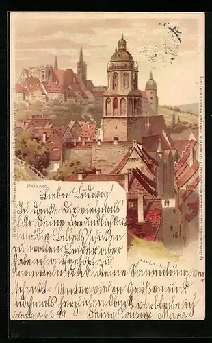 Lithographie Meissen, Ortsansicht mit Kirche