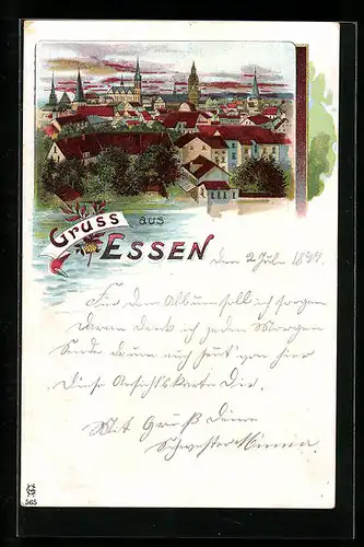 Lithographie Essen, Ortsansicht mit Kirche