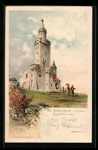 Lithographie Feldberg / Taunus, Der Feldbergturm mit Besuchern