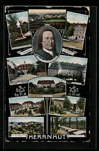 AK Herrnhut, Marktplatz, Kirche, Brüderhaus, Zinzendorf-Gräber