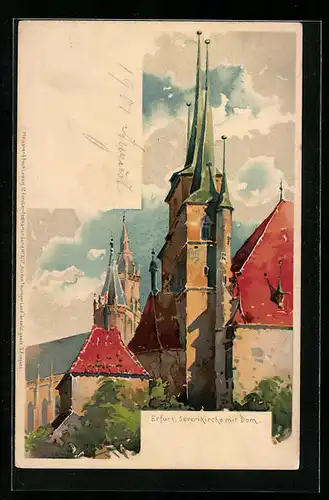 Lithographie Erfurt, Severikirche mit Dom