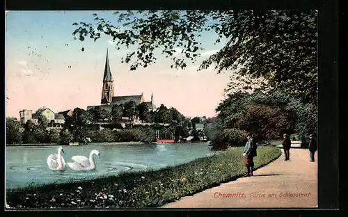 AK Chemnitz, Partie am Schlossteich mit Kirche