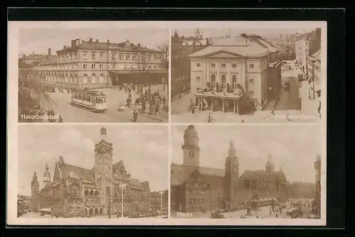 AK Chemnitz, Hauptbahnhof mit Strassenbahn, Schauspielhaus, Markt