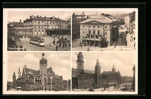 AK Chemnitz, Hauptbahnhof mit Strassenbahn, Schauspielhaus, Markt