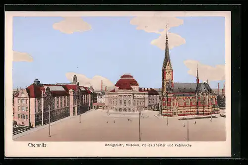 AK Chemnitz, Neues Theater, Museum und Petrikirche am Königsplatz