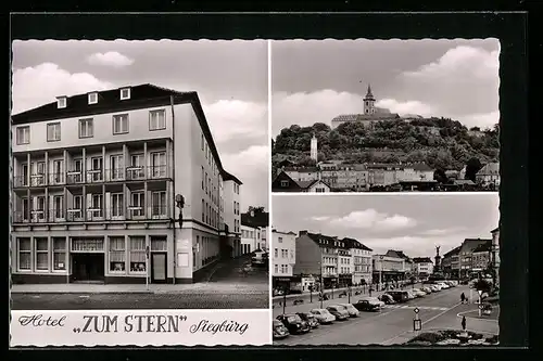 AK Siegburg, Hotel Zum Stern, Parkplatz mit Geschäften, Ortspartie